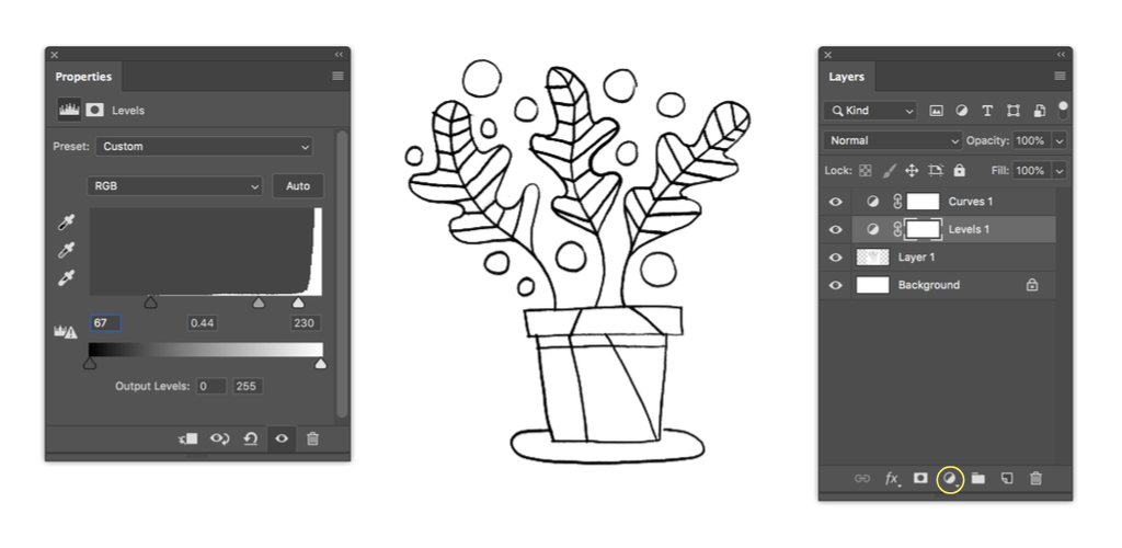 Turn a Sketch into Digital Art with This Complete Guide — Adjustment Layers Screenshot of Levels and Curves in Photoshop