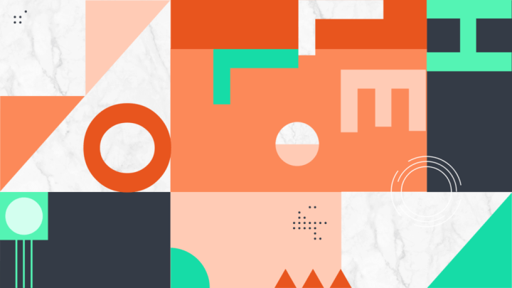 zoom presentation backgrounds Bold and bright geometric shape Zoom background of oranges, whites, grays, and blues that says "HELLO" in disjointed order