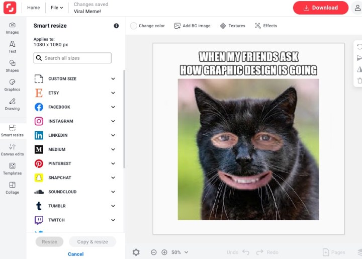 Screenshot of Shutterstock Create editor with a meme of a cat with human eyes and mouth