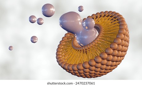 3d rendering of compromised liposome releasing its contents. Magnified image of a liposome, showing leakage of its encapsulated material. Stock Illustration