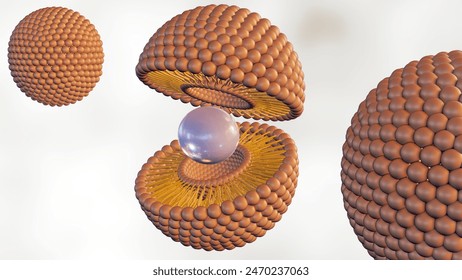 3d rendering of compromised liposome releasing its contents. Magnified image of a liposome, showing leakage of its encapsulated material. Stock Illustration