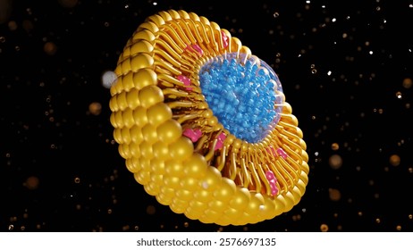 3d rendering of nanomedicine inside of liposome lipid bilayer with cholesterol molecules Stock Illustration