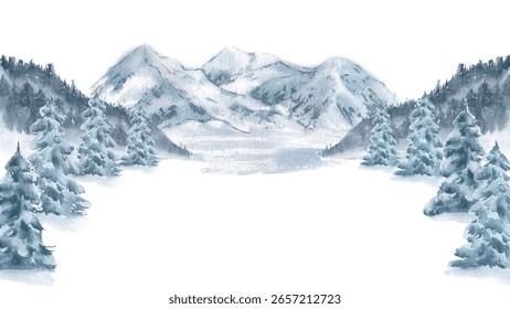 絵画 Winter Mountains Watercolor Illustration. Winter Mountains Landscape, Trees