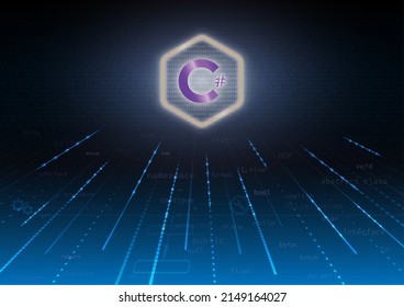 C Sharp sign and program code on purple background. c# programming concept. Coding language, Software development. Learning C Sharp, training, computer courses, Web banner.  Stock Illustration