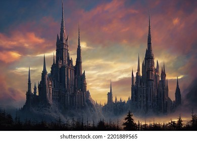 Fantastical Fantasy Castles. Watercolor and digital illustration artwork.  Stock Illustration