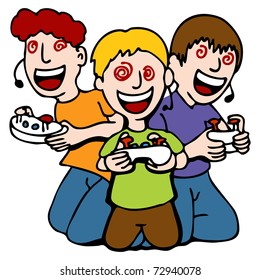 An image of a three children mesmerized while playing video games. Stock Illustration