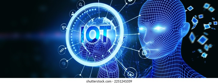 Internet of things - IOT concept. Businessman offer IOT products and solutions. The future of technology. Virtual screen of the future with the inscription: IOT.  3d illustration స్టాక్ దృష్టాంతం