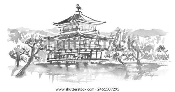 水墨画風の金閣寺風景画」のイラスト素材 2461509295 | Shutterstock