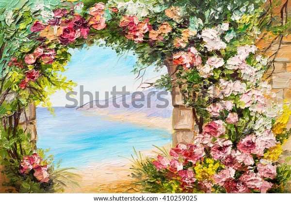 Oil Painting Landscape Arch Near Sea Stock Illustration