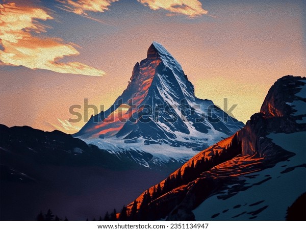 現代アートの「冬のマッターホルン」(3D painting） Zermatt Painting Matterhorn Art Print Swiss Mountains Wall