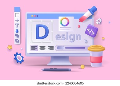 Ui UX design concept 3D illustration. Icon composition with computer display with process of making site layout or app interface, creating graphic elements. Illustration for modern web design Stock Illustration