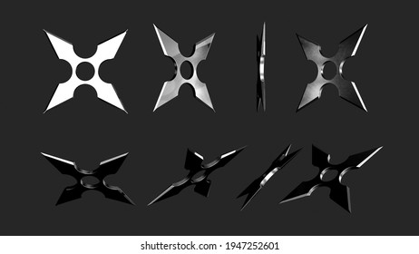 3D rendering illustration of shuriken ninja stars for web and print template. Shuriken (throwing star), traditional japanese ninja cold weapon flying in different perspectives on a grey background Stock Photo