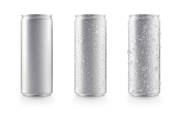 Aluminum slim cans in silver isolated on white background,canned with water drops,canned with water drops and ice Stock Photo