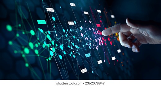 Big data analytics with AI technology. Data analyst analyzing and visualizing complex information network with artificial intelligence. Machine learning algorithm for business analytics and finance. ஸ்டாக் ஃபோட்டோ