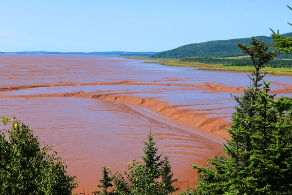 Caves and coastal features at low tide on the Bay of Fundy, near