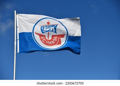 Garlstorf, Lower Saxony, Germany - September 16, 2022: Flag of German football club FC Hansa Rostock against blue sky in Garlstorf, Germany - FC Hansa is currently playing in the 2nd Bundesliga Editorial Stock Photo