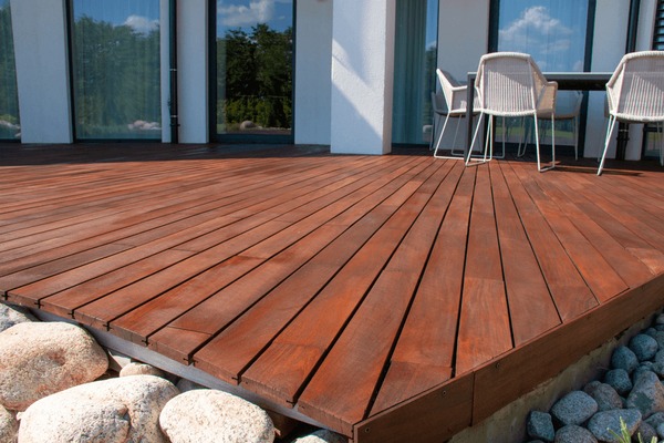 Ipe wood deck, modern house design with wooden patio, low angle view of tropical hardwood decking Stock Photo