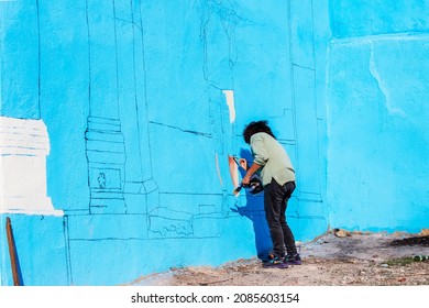 People Stand Front Mural Depicting Official Editorial Stock Photo - Stock Image
