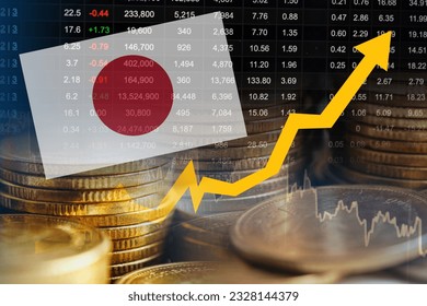 Japan flag with stock market finance, economy trend graph digital technology.
 Foto stock