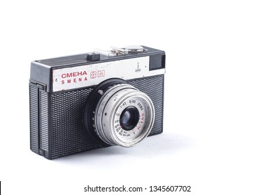 Kiev, Ukraine - February 28, 2019: 8m smena camera with lomo lens on a white background, isolate Editorial Stock Photo