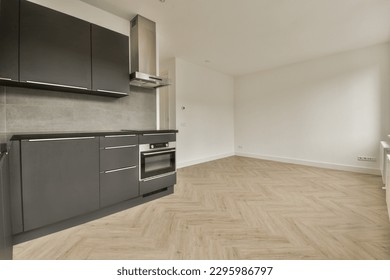 Kitchen Wood Flooring Black Appliances On Stock Photo 2295986797