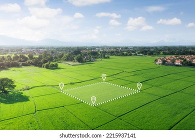 Land plot in aerial view. Gps registration survey of property, real estate for map with location, area. Concept for residential construction and development. Also home, house for sale, buy, purchase,  Stock Photo