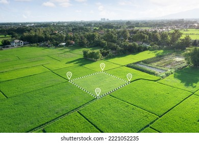 Land plot in aerial view. Gps registration survey of property, real estate for map with location, area. Concept for residential construction and development. Also home, house for sale, buy, purchase. Stock Photo