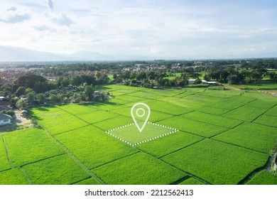 Land plot in aerial view. Identify registration symbol of vacant area for map. That property, real estate for business of home, house or residential i.e. construction, development, sale, rent and buy. Foto Stok