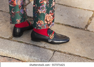 MILAN, ITALY - JANUARY 14: Detail of shoes outside Antonio Marras fashion show building during Milan Men's Fashion Week on JANUARY 14, 2017 in Milan. Editorial Stock Photo