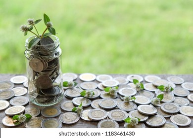 Stacking Gold Coins Green Bokeh Background Stock Photo 605572355