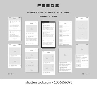 10 in 1 UI kits. Wireframes screens for your mobile app. GUI template on the topic of "Feeds". Development interface with UX design. Vector illustration. Eps 10 Vector de stock