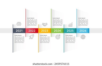 6 years timeline of business design template. Business presentation, Roadmap, Milestone and Business planning. Vector illustration. Stock Vector