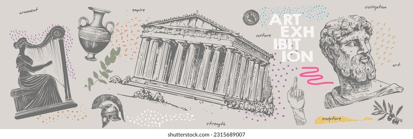 Art posters for exhibition of painting, culture, sculpture, music and design. Ancient ruins, goddess statue. Creative exhibition flyer or poster design template with abstract art elements and shapes. Stock Vector