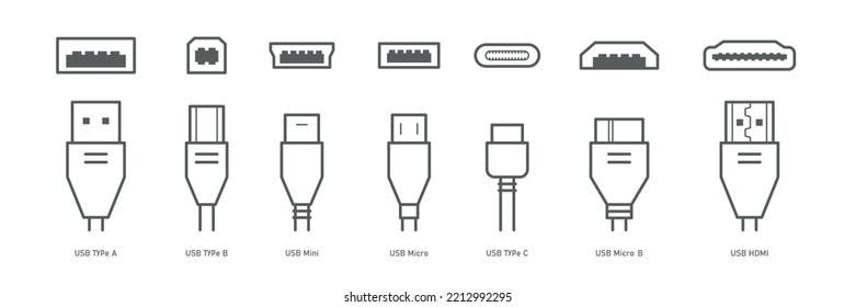 Conectores de cable y iconos de línea de enchufes ajustados. USB, HDMI, conjunto de iconos ethernet. Conectores Mini, micro, lightning, tipo A, B, C. Fondo blanco de la ilustración del vector Vector de stock