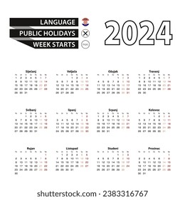 Calendar 2024 in Croatian language, week starts on Monday. Vector calendar 2024 year. Stockvektor