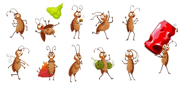 Personajes de cucaracha de dibujos animados. Funny pest bug, cucaracha asustada aislada personage vectorial, insectos alegres comiendo basura, sonriendo y corriendo, cargando latas de aluminio y muriendo de pesticidas Vector de stock