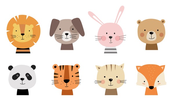 Cartoon schattige dieren voor baby kaart en uitnodiging. Vector illustratie. Leeuw, hond, konijn, beer, panda, tijger, kat, vos.: stockvector