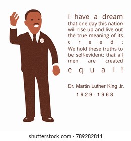 Cartoon figure of Dr. Martin Luther King Jr. Vector flat character with a simple shapes and grainy texture. Famous Afro American orator stands with a raised hand and makes a speech 'I have a dream'. Editorial Stock Vector