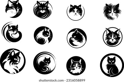 cat icons set, black and white design elements. vector illustration. Imagem Vetorial Stock