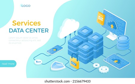 Data Center Cloud Services. Information processing, hosting, provider, storage, networking, management, distribution of data. Server racks, database, cloud. Isometric vector illustration for website. Stockvektorkép