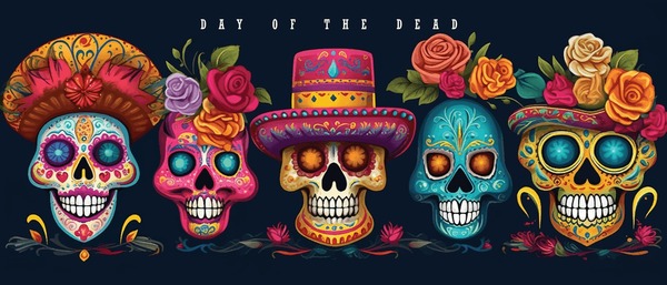 Dead day party, sugar skull or halloween holiday. Traditional mexican music festival, fun bright dance vector characters. Halloween Dia De Los Muertos Celebration. Arkivvektor