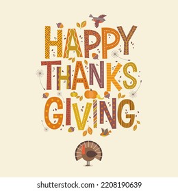 Dekorative Schrift Happy Thanksgiving mit saisonalen Design-Elementen und Truthahn. Für Banner, Karten, Poster, soziale Medien und Einladungen. – Stockvektorgrafik