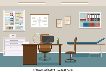 Doctor's consultation room interior in clinic. Empty medical office design. Hospital working in healthcare concept. Vector illustration. స్టాక్ వెక్టార్