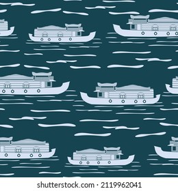 Editable Flat Monochrome Side View Indian Keralan Houseboat Vector Illustration on Calm Lake Dark Seamless Pattern for Creating Background of Recreation or Transportation of Southwestern India Stock Vector