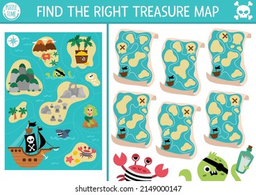 Find the right treasure map. Treasure island matching activity for children. Sea adventures educational quiz worksheet for kids for attention skills. Simple printable game with cute plans
 Stock Vector