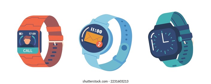 Fitness Trackers, Smart Watches with Call or Sms Notification on Display. Modern Devices, Smartwatch Electronic Gadgets For Health Monitoring Isolated on White Background. Cartoon Vector Illustration ஸ்டாக் வெக்டர்