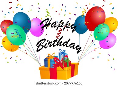 happy birthday greeting with balloon, confetti and gift box by vector design Stock Vector