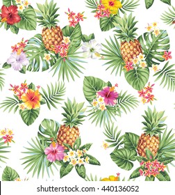 Hawaiian Seamless Pattern Pineapples Tropical Palm Stock