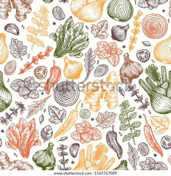 Herbs Spices Seamless Pattern Ginger Spinach Stock Vector (Royalty Free