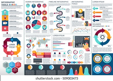 Infographic elements vector design template. Can be used for data visualization, circle diagram, bar graph, pie chart, process diagram, timeline infographic, marketing, set information infographics. Stockvektor